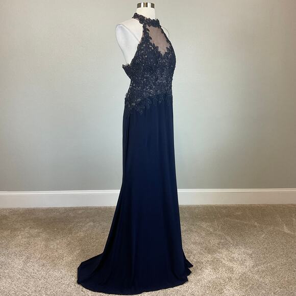 Avery G Beaded Lace Backless Long A-Line Evening Gown Blue Size 12 Formal Dress - Picture 3 of 10